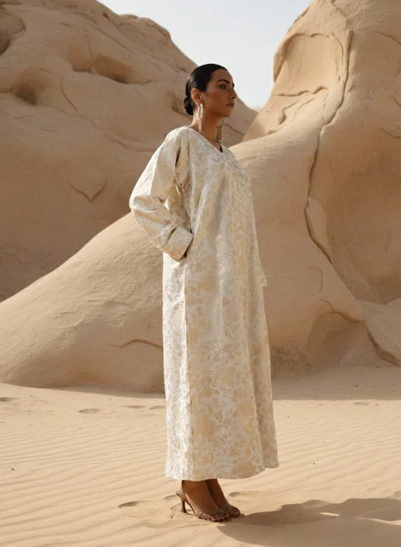Ishin  Regal White Brocade Abaya with Hijab for Women | Best Price UAE